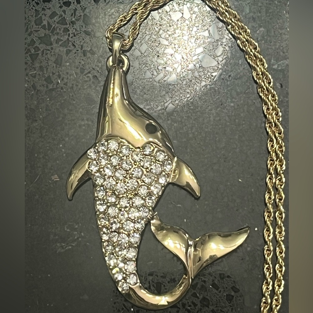 Pave Set Crystal Florida DOLPHIN Pendant Chain fish, ocean pendant Necklace Gold - Picture 5 of 7